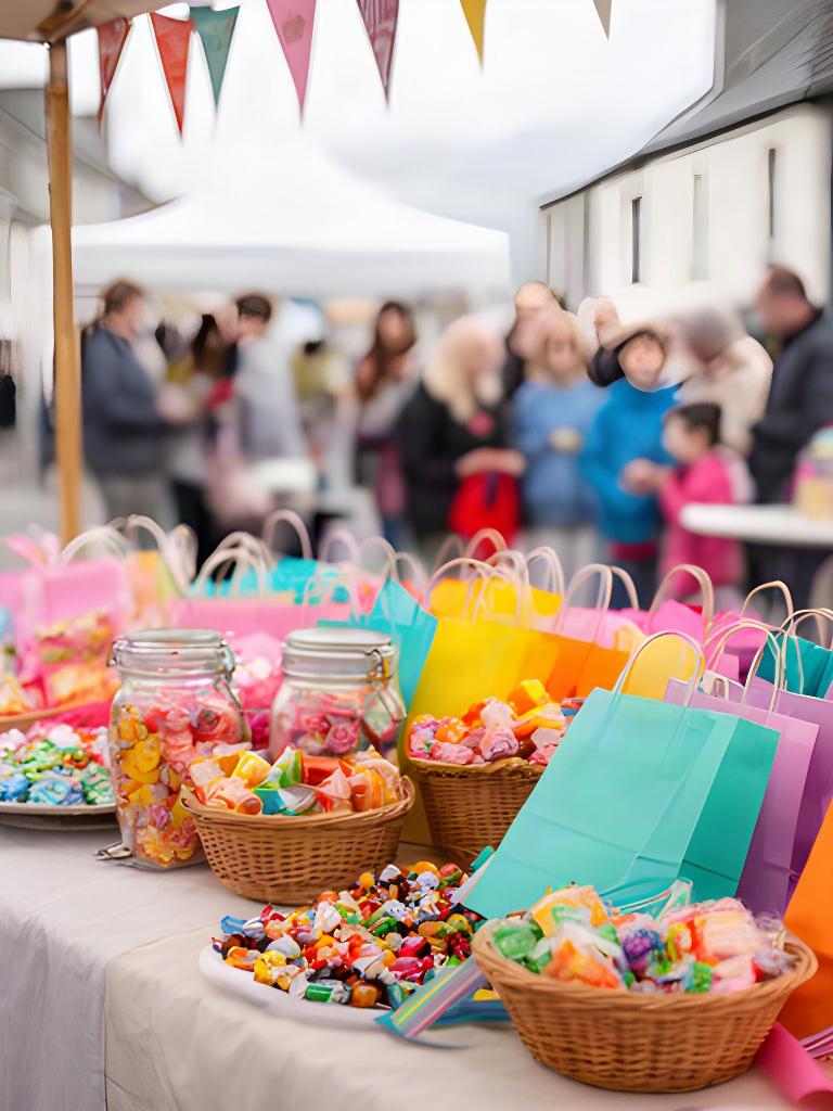 Colourful sweets stall supporting a local Stranraer community event in Dumfries and Galloway