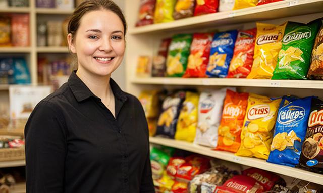 Shop team member smiling beside a neatly stocked crisps and savoury snacks display in Stranraer
