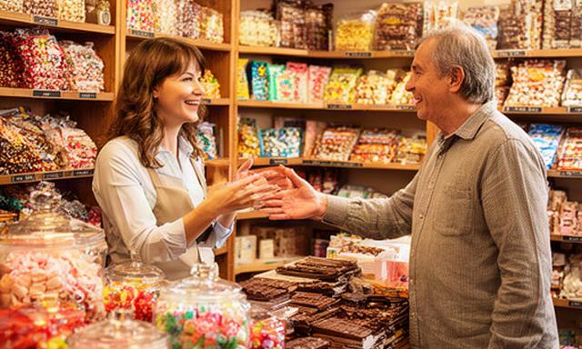 Shop assistant greeting a customer beside traditional British sweets and chocolate shelves on Larg Road