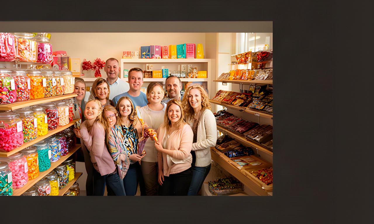 Friendly sweets shop team gathered beside colourful confectionery shelves on Larg Road in Stranraer