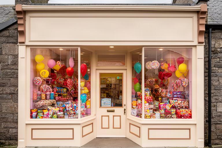 Friendly sweets shop front on Larg Road in Stranraer with colourful confectionery displays in the window