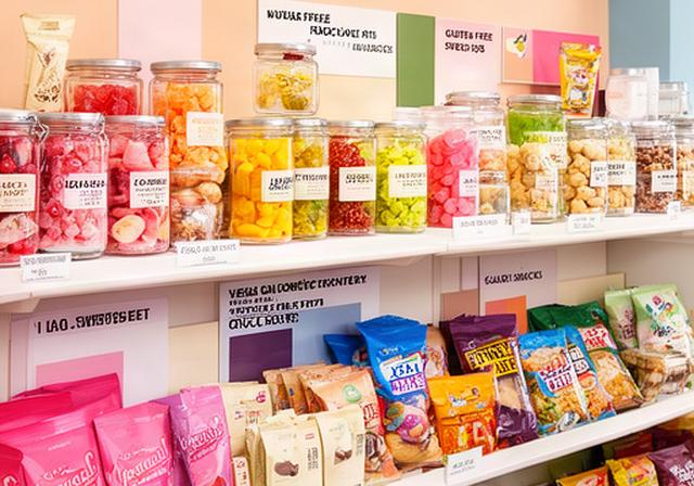 Colourful sweet jars and snack packets with vegan, gluten-free and sugar-free labels on a bright shop shelf