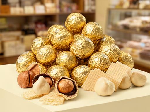 Gold-wrapped hazelnut chocolate gift selection on a cream display in a local shop