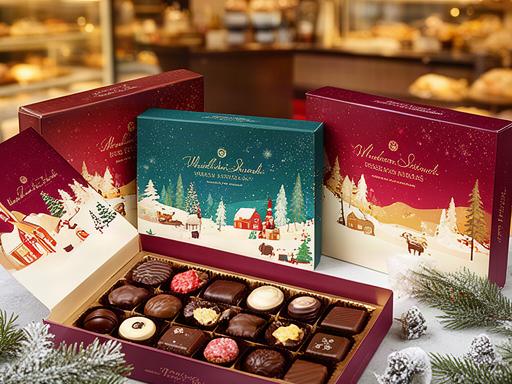 Festive boxed chocolates with winter packaging displayed near a Stranraer shop counter
