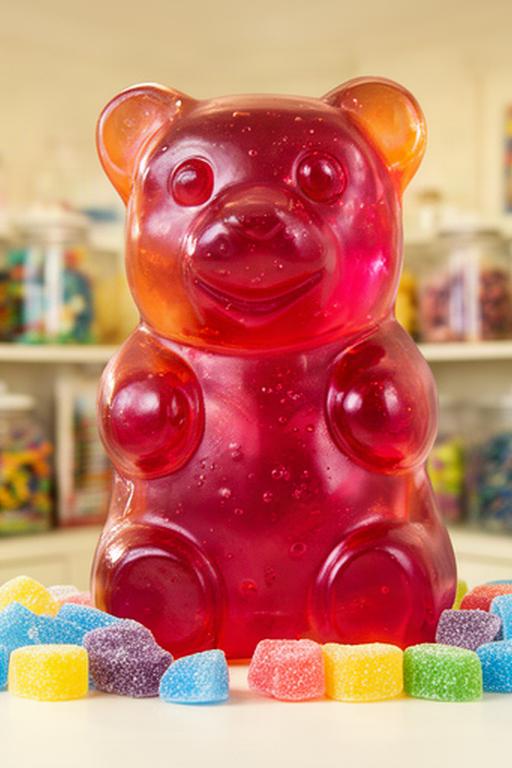 Giant translucent gummy bear novelty sweet displayed in a colourful Stranraer confectionery shop