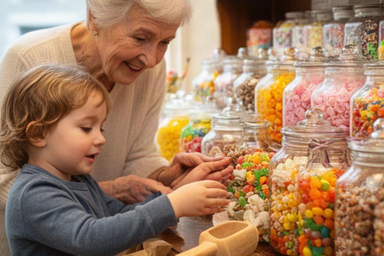 Grandparent and child choosing traditional sweets together beside colourful jars in a local shop