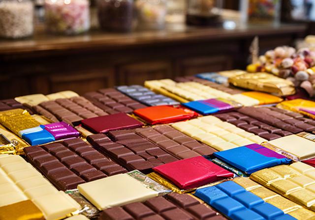 Assorted chocolate bars arranged in a colourful display near the shop counter