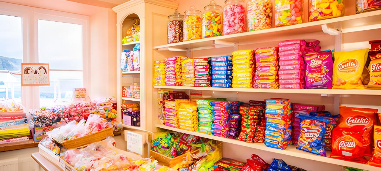 Colourful jars of traditional sweets, crisp packets and chocolate bars arranged inside a bright Stranraer shop