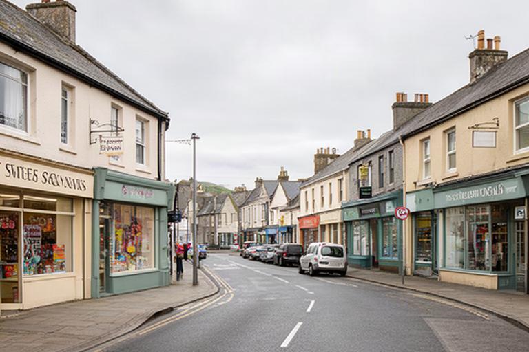 Larg Road in Stranraer showing the convenient local shopping area near the sweets and snacks shop