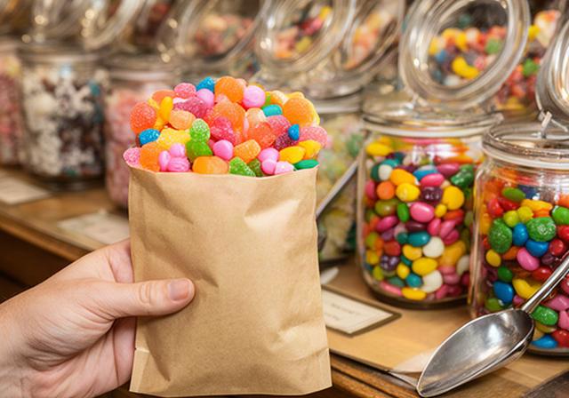 Paper pouch of colourful pick-and-mix sweets held beside open sweet jars in the shop