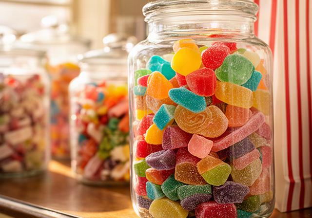 Glass jar filled with colourful retro sweets on a traditional confectionery counter
