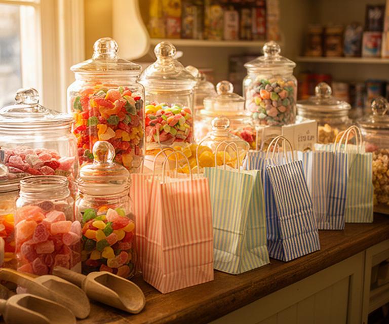 Traditional British sweets in glass jars with striped paper bags inside a warm local shop