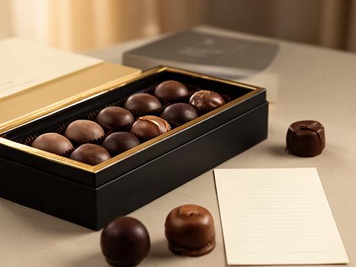 Lindt-style premium chocolate box with glossy truffles beside a tasting note card