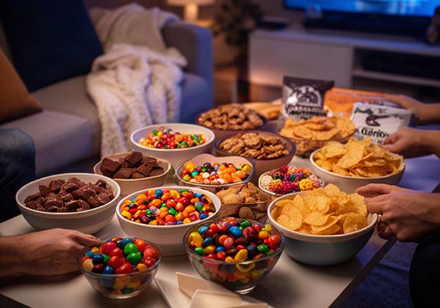 Sharing sweets and crisp bowls set out for a cosy movie night at home
