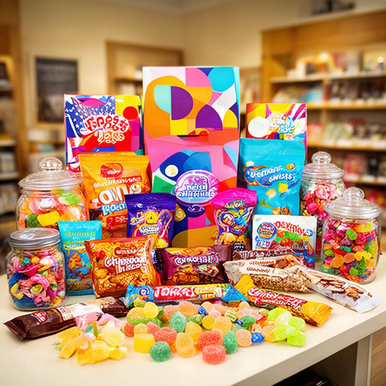 Colourful imported sweets, American snack boxes and novelty candy arranged on a shop counter in Stranraer
