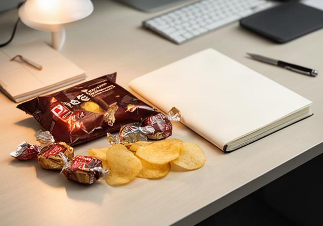 Wrapped chocolate treats and crisps beside a notebook on an office desk