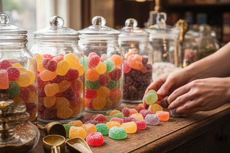 Traditional British boiled sweets being arranged beside glass jars in a warm confectionery shop