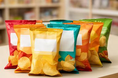 Small portion-controlled crisps and savoury snack packets arranged in a neat display