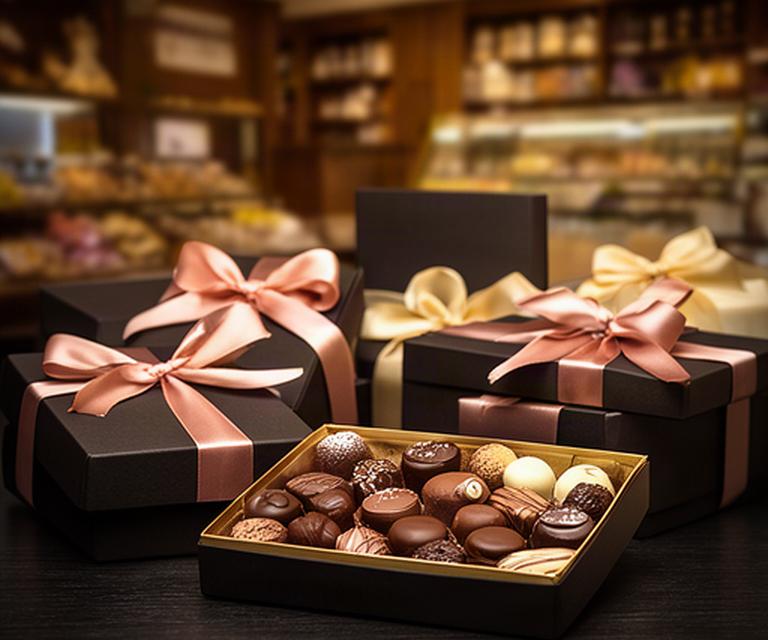Satin-ribboned boxed chocolates arranged on a dark table in a warm Stranraer sweets shop