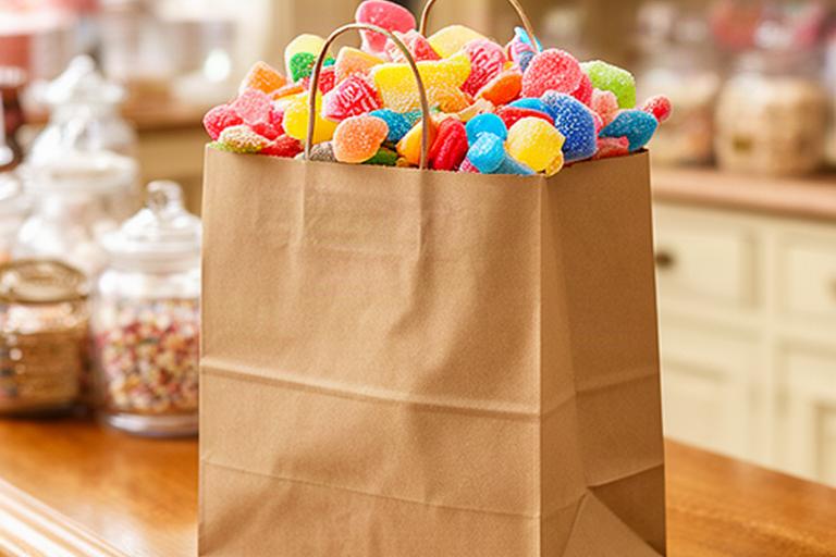 Paper gift bag filled with colourful retro British sweets on a wooden shop counter