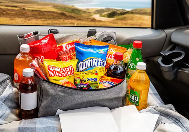 Travel-friendly crisp packets, sweets and bottled drinks ready for a road trip