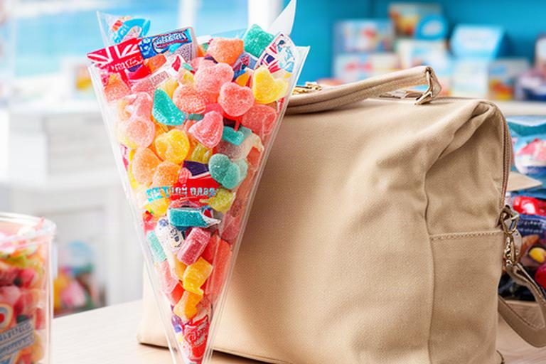 Colourful sweet cone souvenir beside a coastal travel bag in a bright Stranraer shop