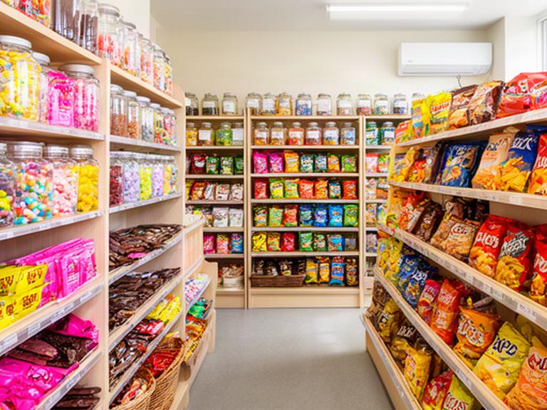Bright interior shelves filled with colourful sweets, chocolate and crisp packets at a local Stranraer shop