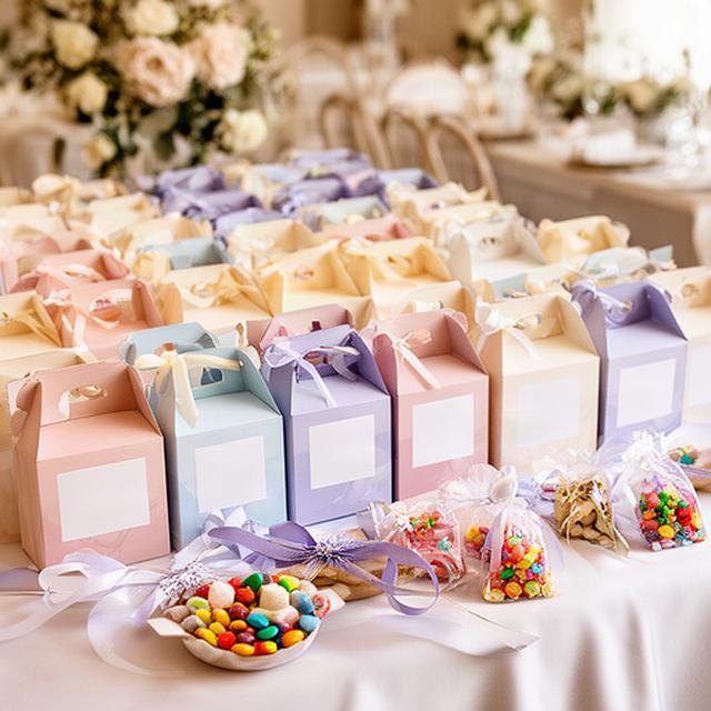 Neatly arranged wedding favours and corporate sweet boxes on a decorated event table