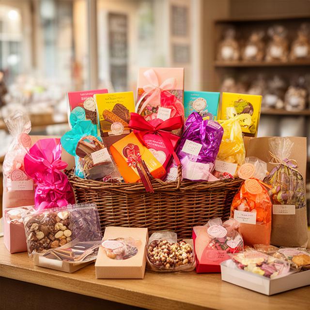 Colourful wrapped sweet hamper with ribbon, chocolate boxes and gift bags on a shop counter