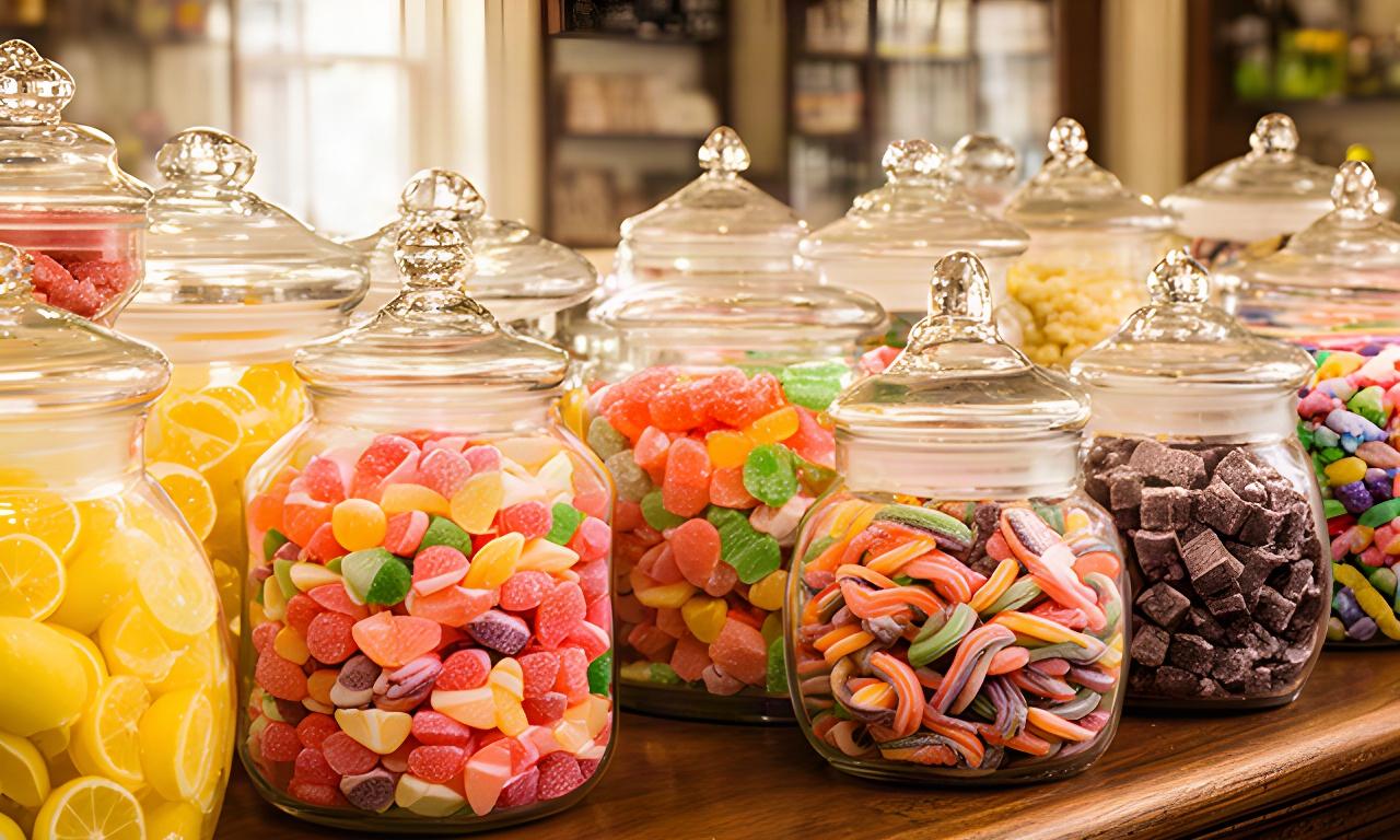 Rows of vintage glass sweet jars filled with colourful British confectionery on a traditional shop counter