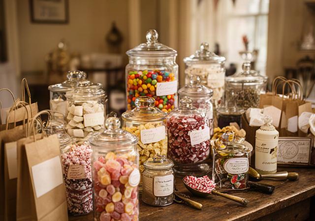 Vintage-inspired sweet table with traditional British sweets in glass jars and handwritten labels